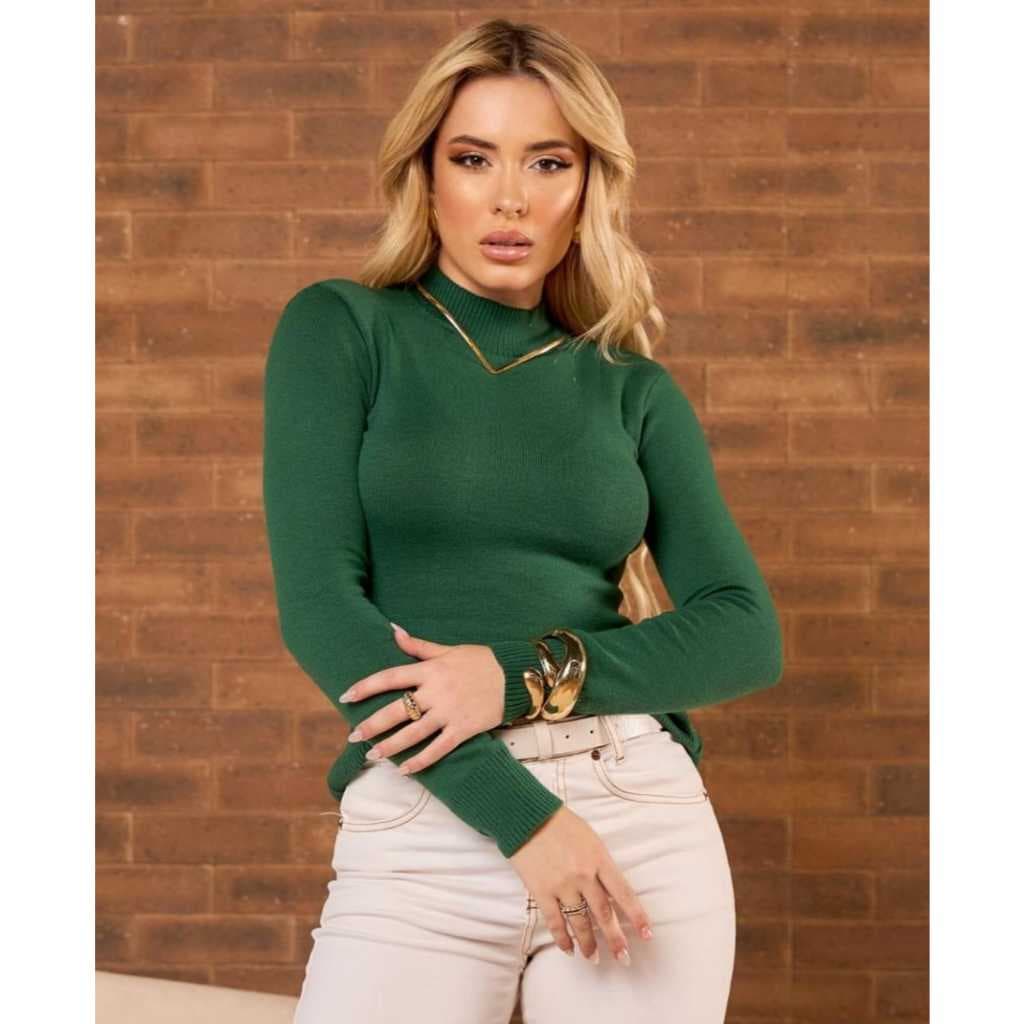 Blusa de Frio Em Tricô outono /inverno , Tipo Cacharrel em Elastano, Com Gola Alta