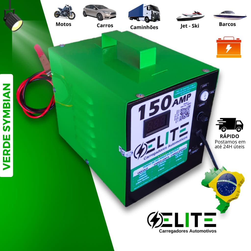 Carregador de Bateria 12V 12Ah Elite - Verde Symbian C/Voltímetro, Turbo Velocidade, Bivolt