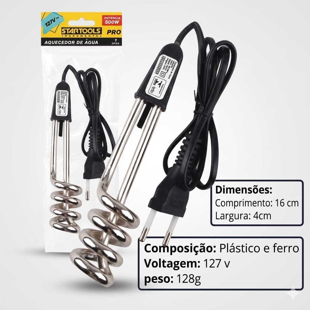 Aquecedor Ebulidor Elétrico Portátil 500W Mergulhão Rabo Quente StarTools Ferve Água Rápido 127V
