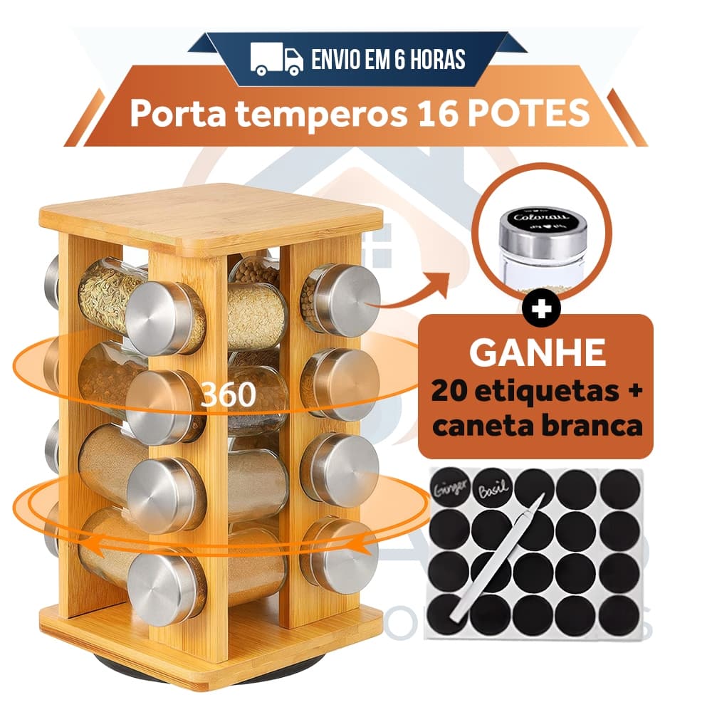 Kit Com Porta-Temperos Giratório De Bambu (1 Unidade) + 16 Potes De 100ml + 16 Etiquetas + Caneta
