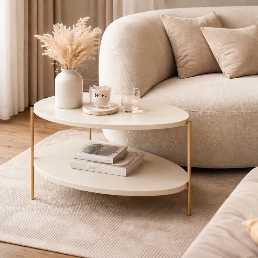 Mesa Lateral Centro De Apoio Tampo Duplo Em MDF Pés Metal Dourado 68cm Para Sala De Estar Quarto