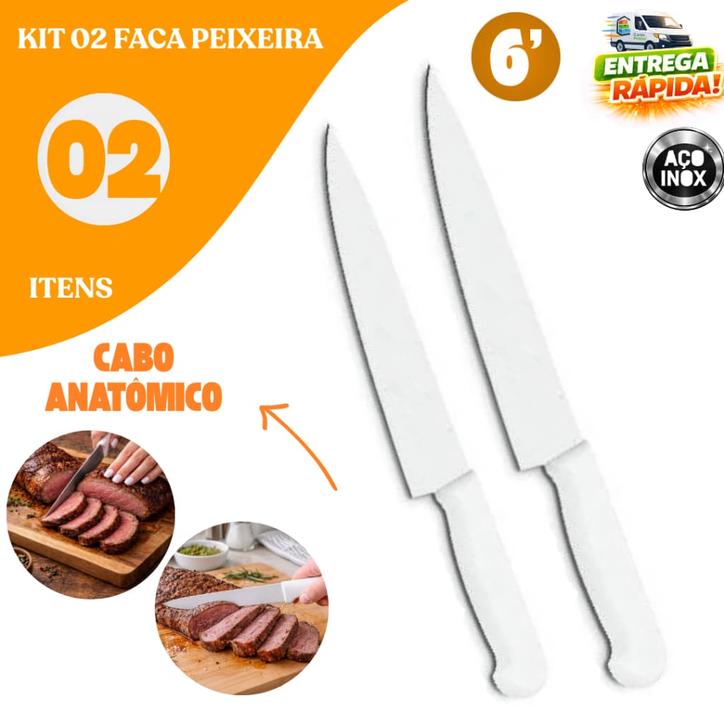 Kit Faca Peixeira Inox Profissional 6” Cabo Branco Para Cozinha Churrasco Carnes Restaurantes