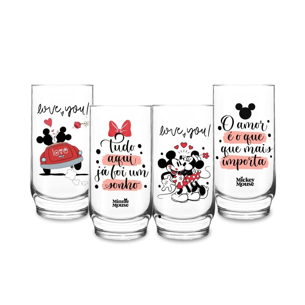 Kit 4 Copos Vidro Temáticos Mickey e Minnie 300ml Love Decorativo Água Suco Mesa Posta