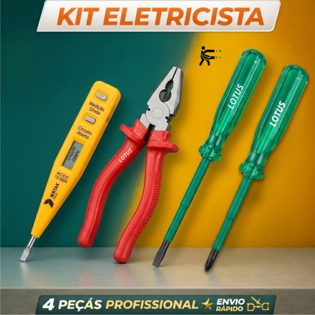 Kit Eletricista 4 Peças Chaves de Fenda e Philips Isoladas + Alicate Universal Profissional
