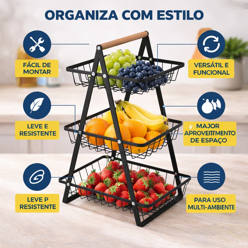 Fruteira de Mesa Preta Branca Sortida 2/3 Andares Metal Alça de Madeira Cesto Organizador Multiuso