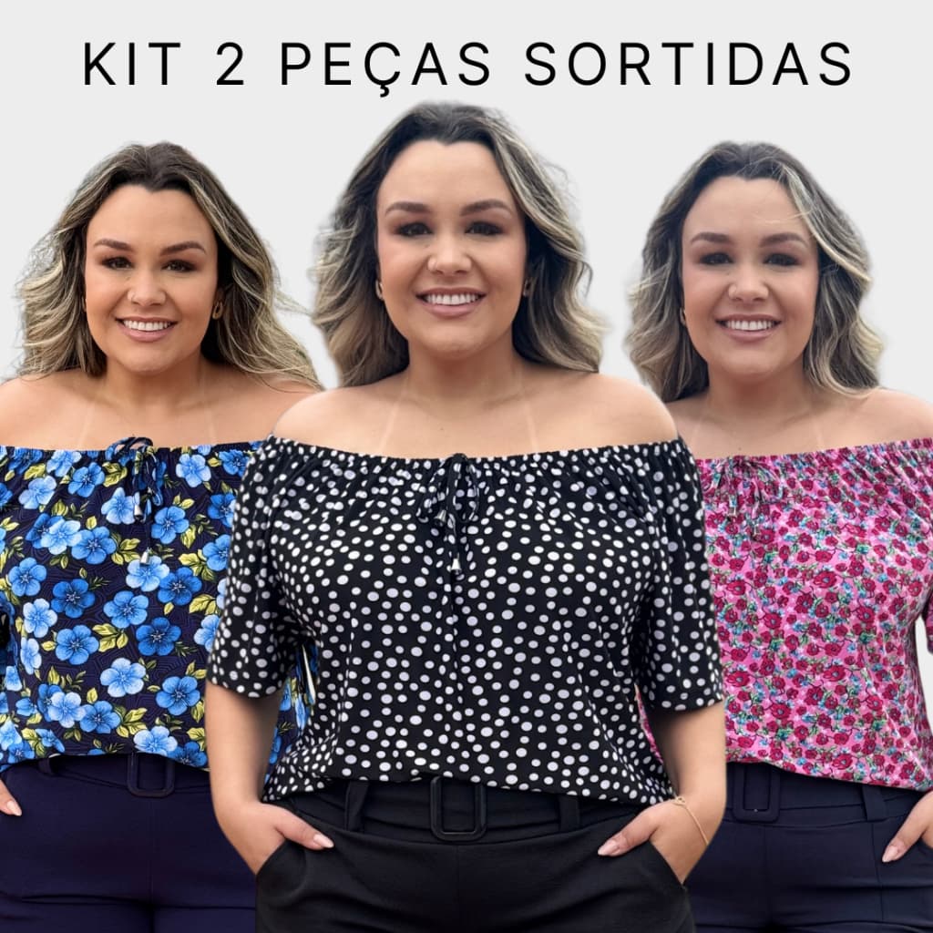 Kit 2 Blusas Sortidas Feminina Plus Size Ciganinha Ombro a Ombro Estampadas