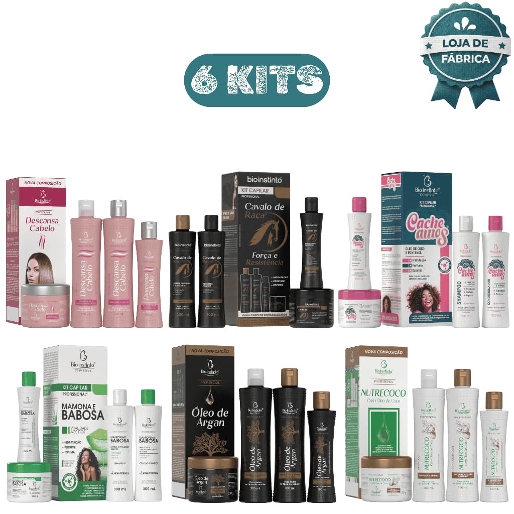 Kit 6 Capilares Bio Instinto Descansa Cavalo Cacheamos Mamona Babosa Argan Nutrecoco
