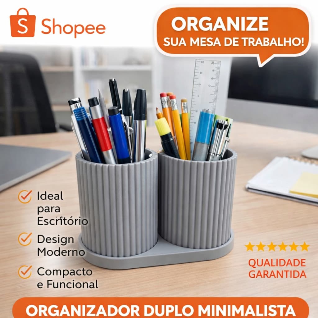 Organizador Duplo Minimalista | Porta Escova de Dente, Pincel de Maquiagem e Canetas