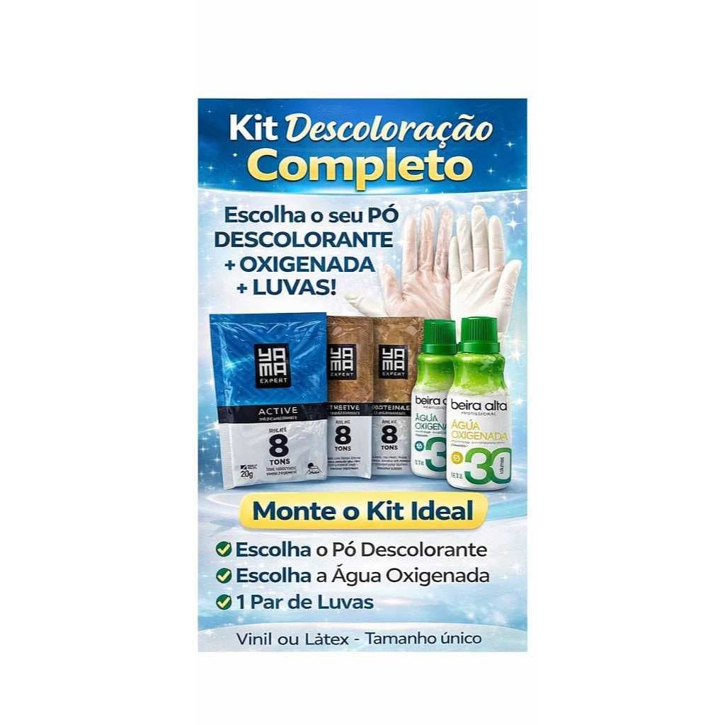 Kit Descoloração Profissional Yamá + Água Oxigenada 30 Volumes Clareia Até 8 Tons + 1 par de luvas