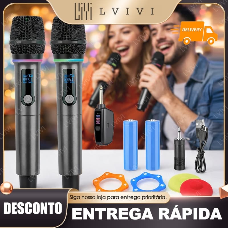 RGB Conjunto de microfone dinâmico sem fios profissional de 2 peças para karaoke, UHF recarregável