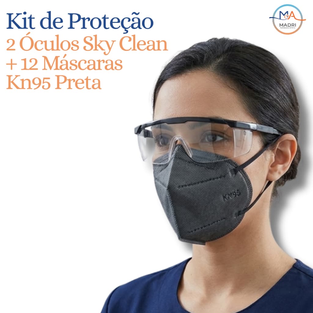 Kit 2 Óculos de Proteção Sky Clear + 12 Máscara KN95 Preta | EPI de Proteção Máxima