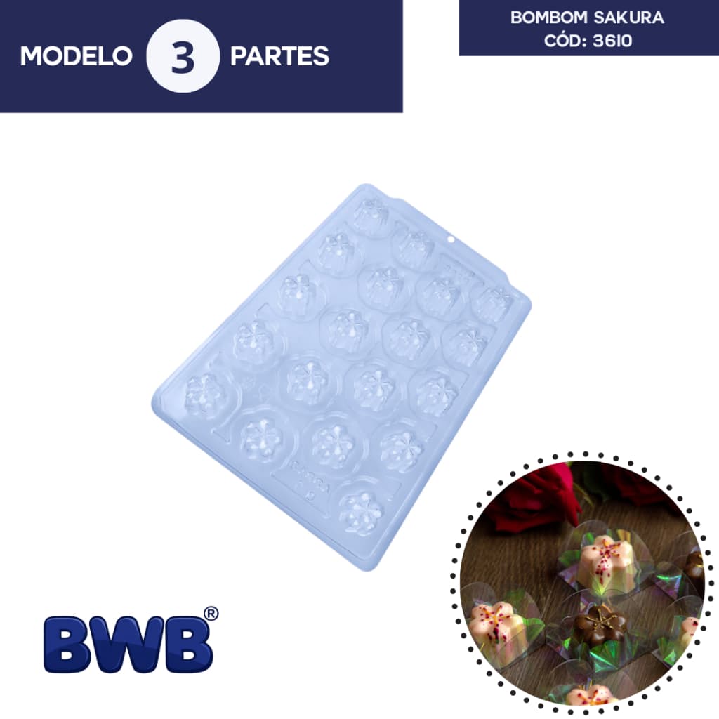 Forma Bombom Sakura BWB 3610 | Forma Chocolate Silicone 3 Partes | Dia das Mães Namorados