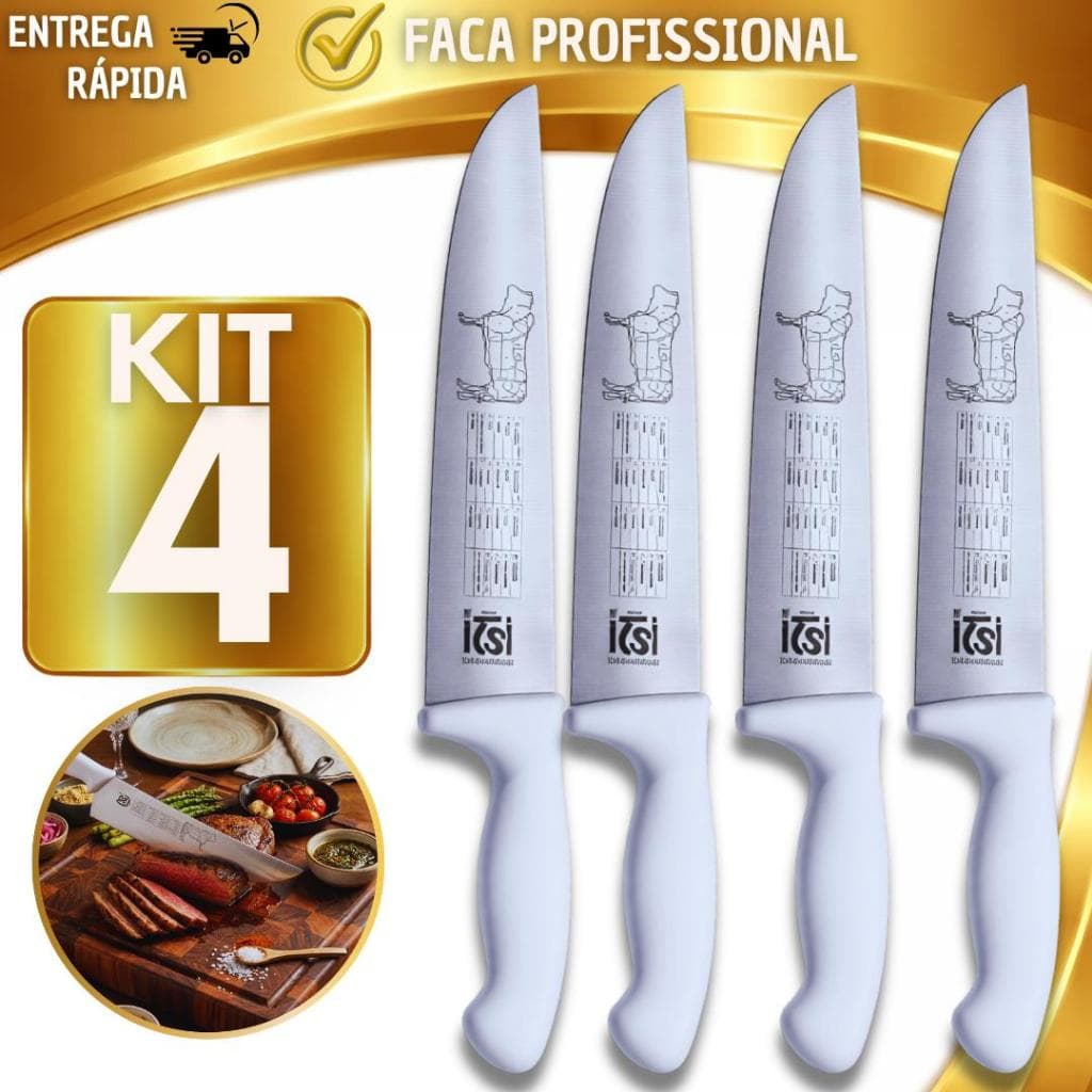 Kits 2/3/4 Facas Profissionais Aço Inox 8" Qualidade Premium– Açougue, Churrasco e Cozinha Cabo Branco Faca Churrasco