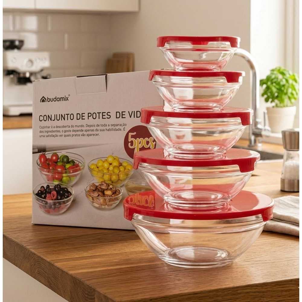 Jogo 5 Potes de Vidro com Tampa para Armazenar Alimentos 140ml 220ml 400ml 530ml 980ml Cozinha