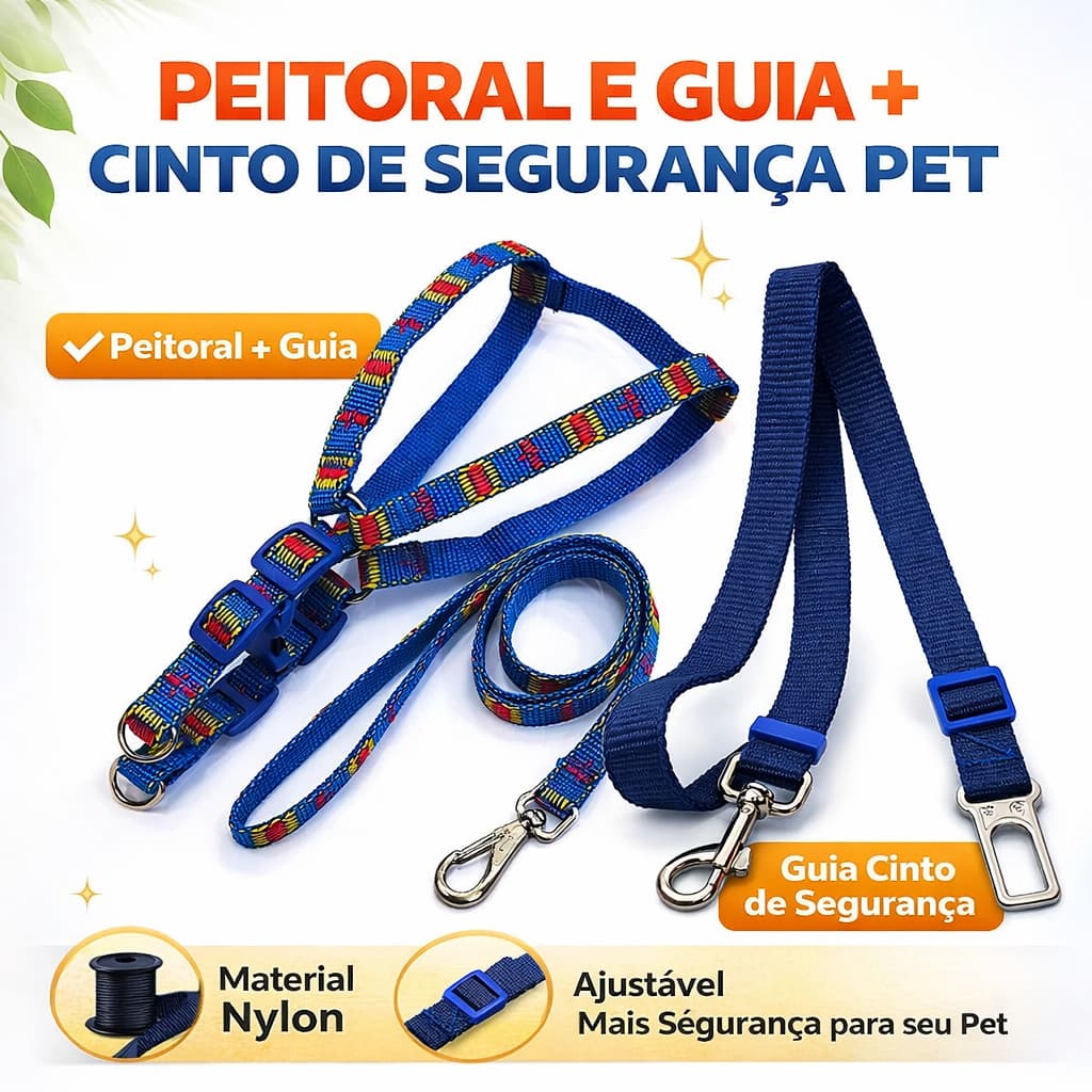 Peitoral e Guia para Cachorro + Cinto de Segurança Pet Ajustável Nylon Reforçado Passeio Carro Cores