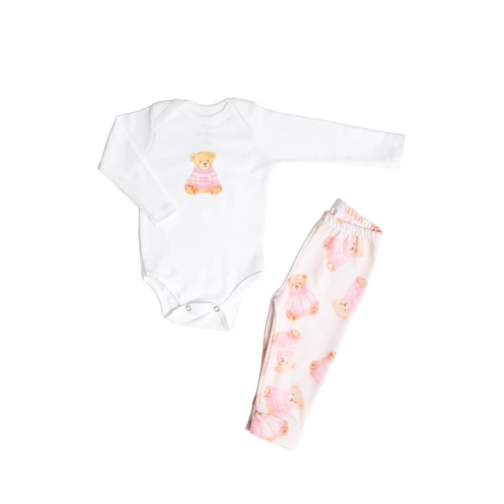 Conjunto Calça e Body Manga Longa Ursinha Rosa