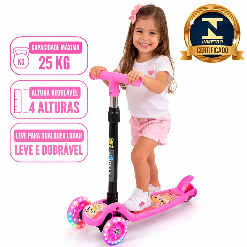 Patinete Infantil 3 Rodas Dobravel Base Antiderrapante Freio Traseiro VitaToys Rosa