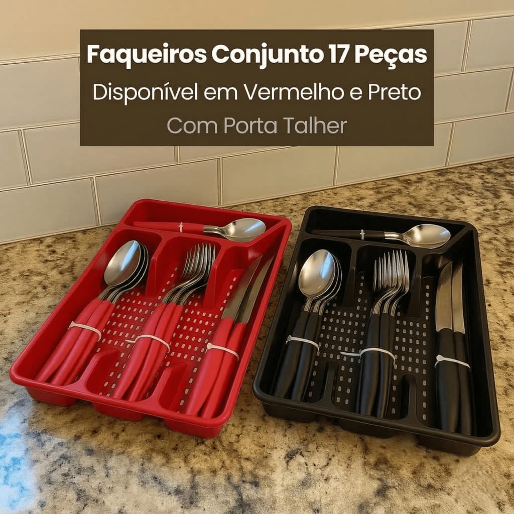 Faqueiro Jogo De Talheres 17 Peças Inox Com Porta Talher Gaveta Organizador Preto Vermelho Cozinha
