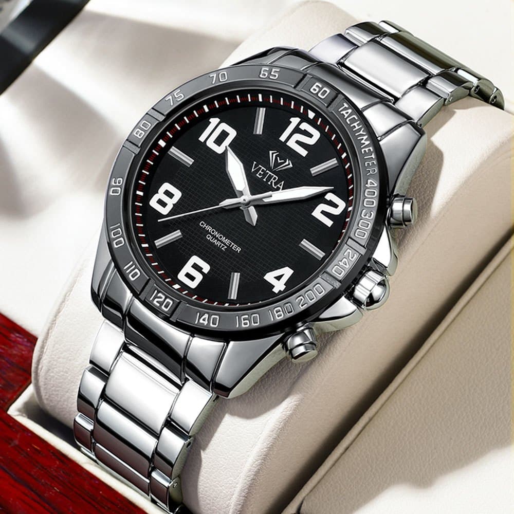 VETRA Relógio Masculino Original Relogio Luxo a Prova d Água Presente para Homem Aço Inoxidável Preto Prata 8034