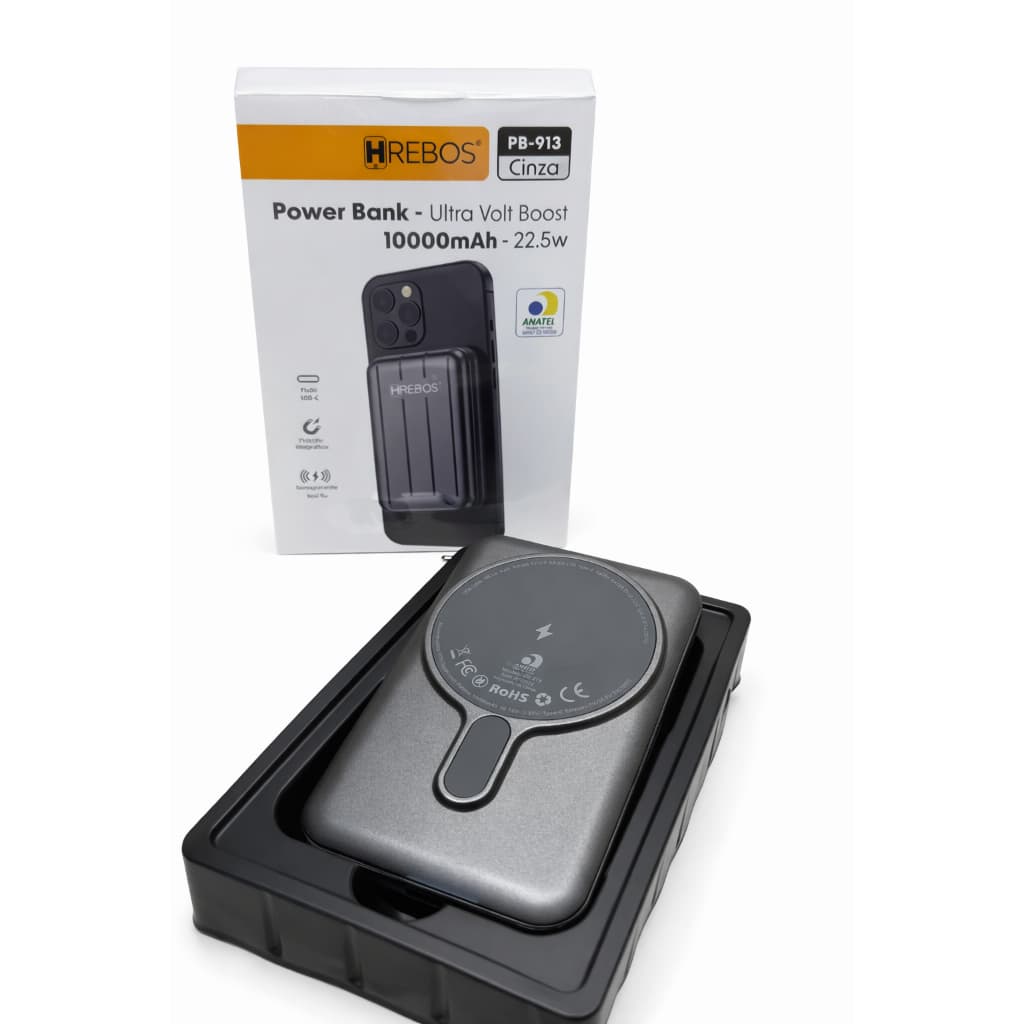 Power Bank Rebós 10000mAh 22.5W Turbo com Carregamento Sem Fio Wireless e Display LED – Ultra Volt Boost PB-913