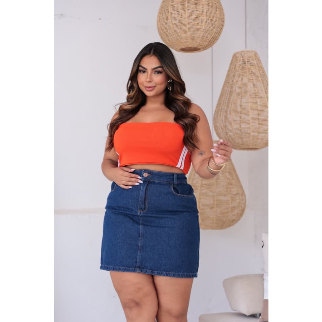Mini Saia Jeans Feminina Plus Size 100% algodão Cintura Alta Com Lycra Lisa Confortável 46 ao 54