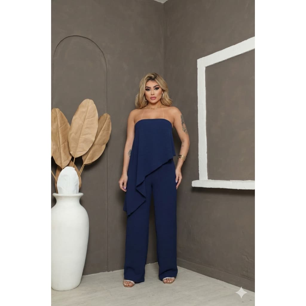 Macacão pantalona longo feminino assimétrica tomara que caia elegante para toda ocação tecido duna premium