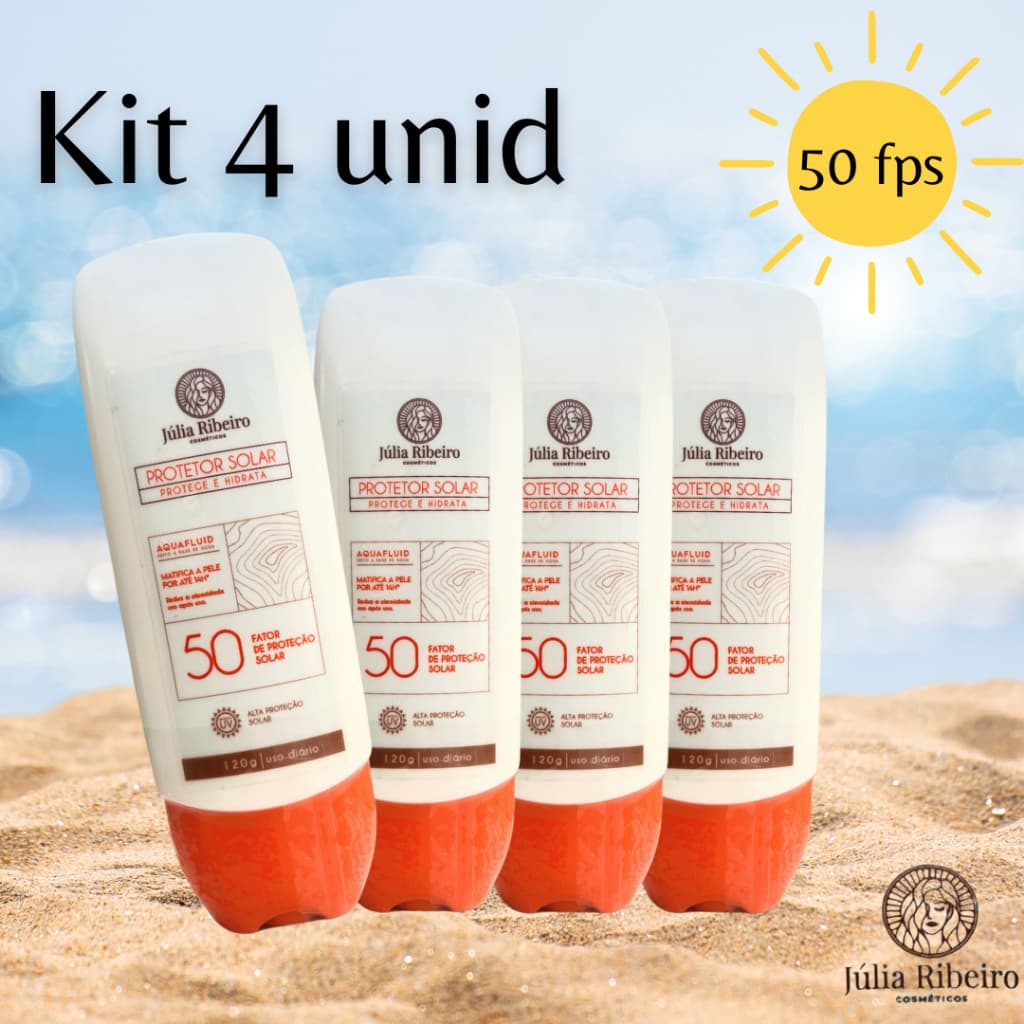Mega Kit Proteção Solar 50 FPS Júlia Ribeiro (4 Unidades com 120ml cada) – Toque Seco, Anti-Oleosidade, Vegano
