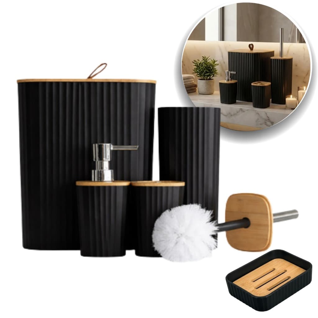 Kit Conjuto Acessórios P/ Banheiro Lavabo Luxo 5 Peças Bambu Cor Preto