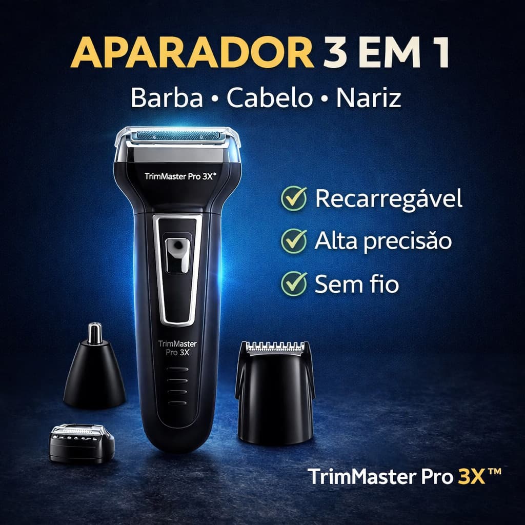 Aparador de Barba Elétrico 3 em 1 Recarregável Profissional Cortador Cabelo Nariz Sem Fio