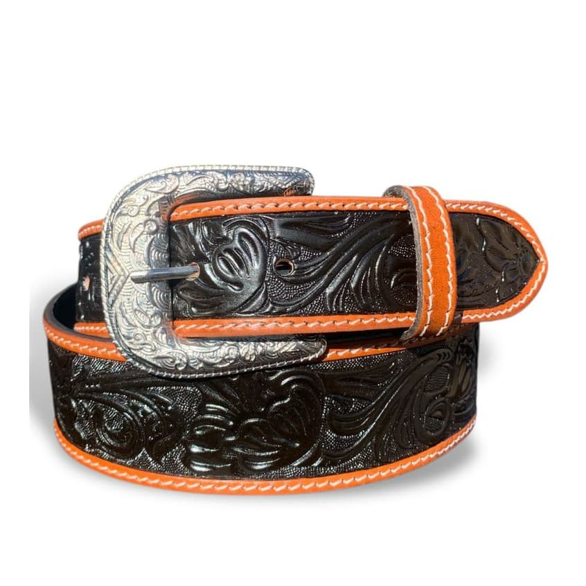 Cinto Country Masculino De Couro Bordado Com Meio Preto