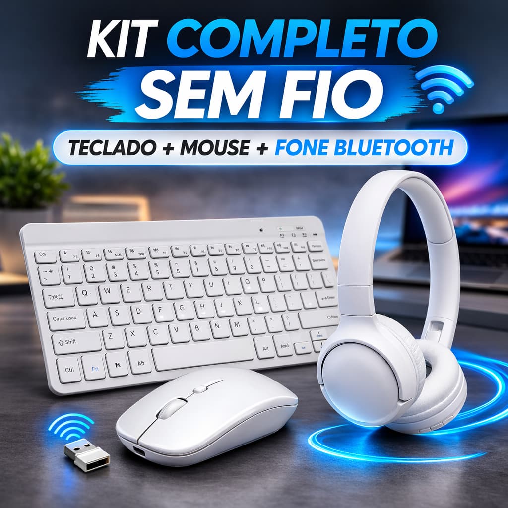 Kit Teclado e Mouse Sem Fio + Fone Bluetooth Headset Branco Recarregável