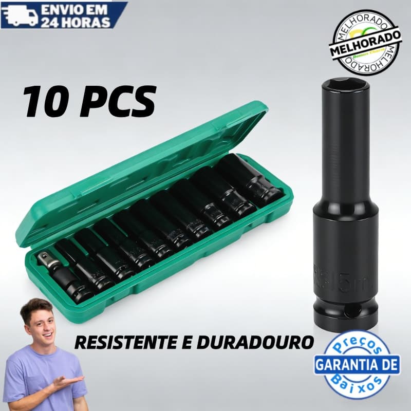 Jogo de Soquetes de Impacto Longo 1/2 10 Peças 8 A 24mm