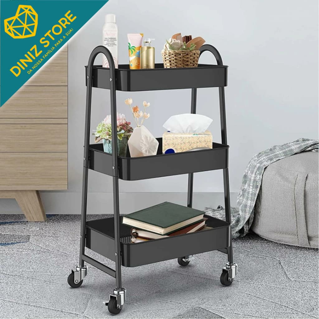 Prateleira Metal Suporte Secador Carrinho Perfume Tempero Preto Rack Fruteira Escova Guarda Rodinhas