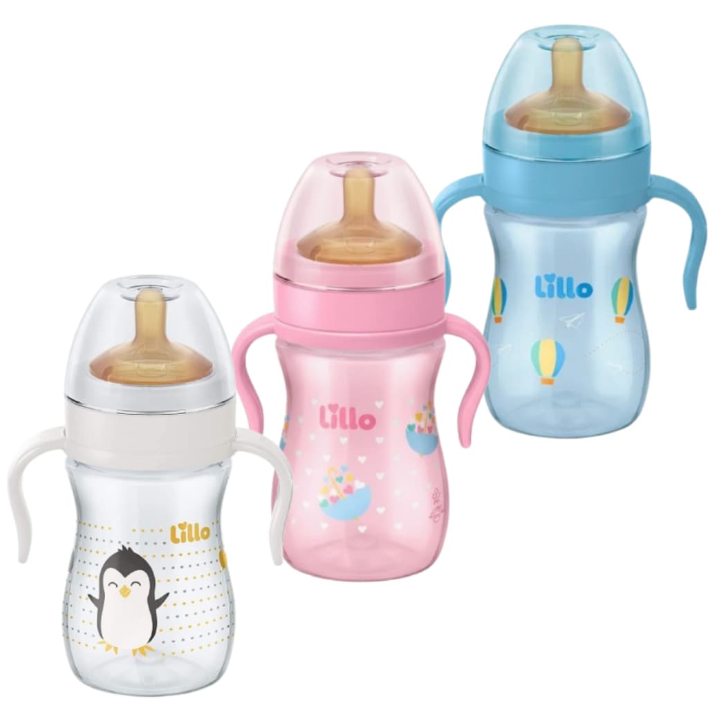 Mamadeira de Alça Evolution Bico Látex Anticolica 240mL Lillo Antivazamento + Bico Silicone +6 Meses