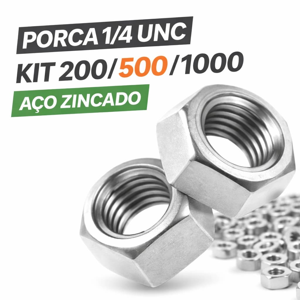Porca Sextavada 1/4 UNC Zincada Aço Carbono Rosca Grossa Kit 200 500 1000