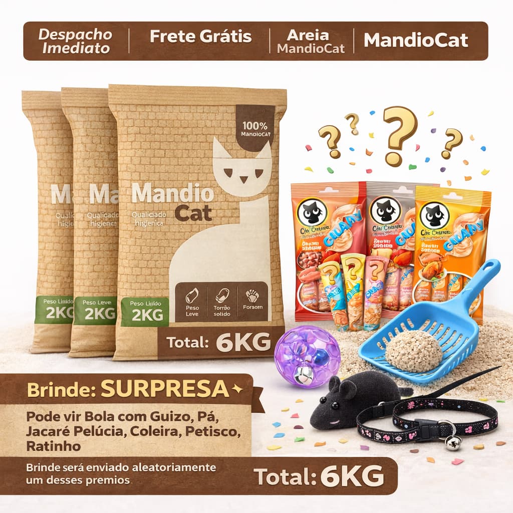 Areia Higiênica Mandiocat 2kg Kit com 3 unidades 100% Mandioca Elimina Odores