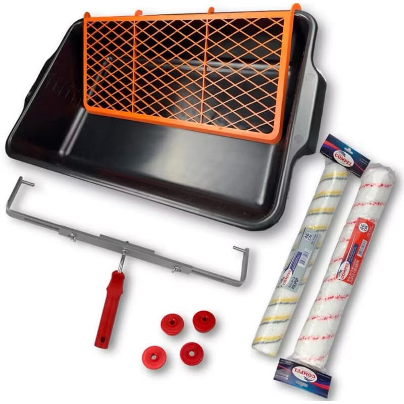 Kit Pintura Profissional Compel 4 Peças 46cm – Rolo Antirrespingo + Lã Premium + Bandeja 20L + Suporte Duplo Reforçado