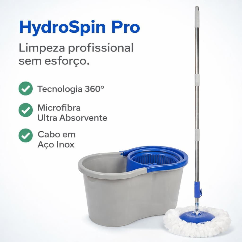 Mop Giratório 360 com Balde Inox Esfregão Microfibra Limpeza Casa HydroSpin Pro Max