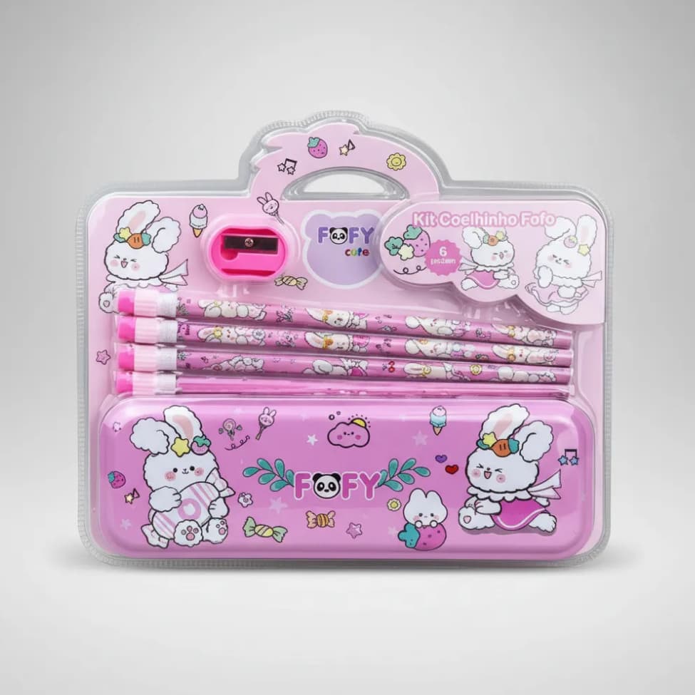 Kit Escolar Presenteável Coelhinho Fofo 6 Peças: Estojo Metálico, Apontador e Lápis