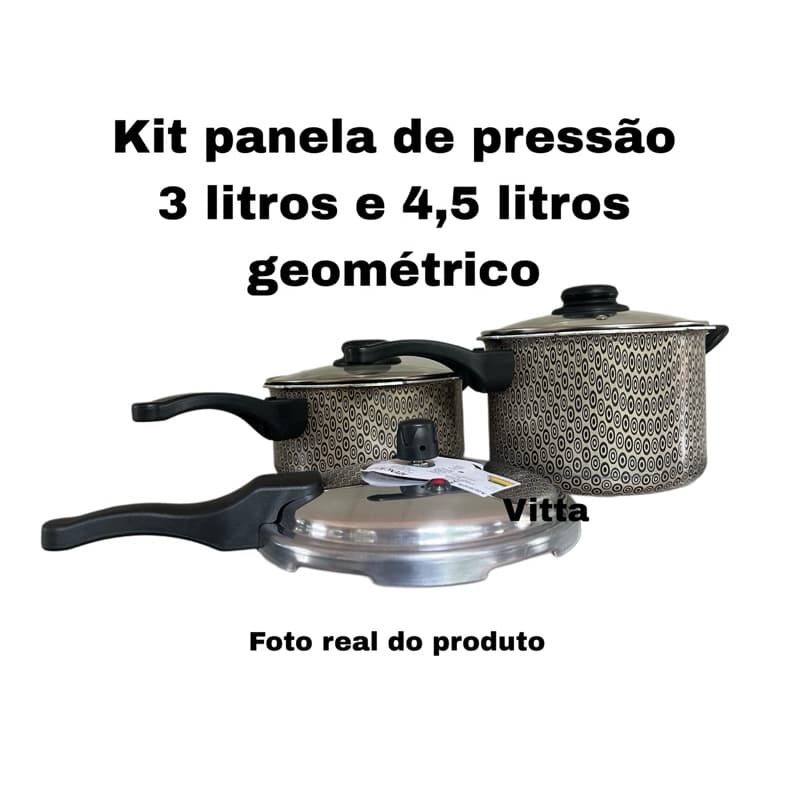 KIT PANELA DE PRESSÃO - 3 Litros e 4,5 Litros antiaderente na cor geometrico, com 5 peças
