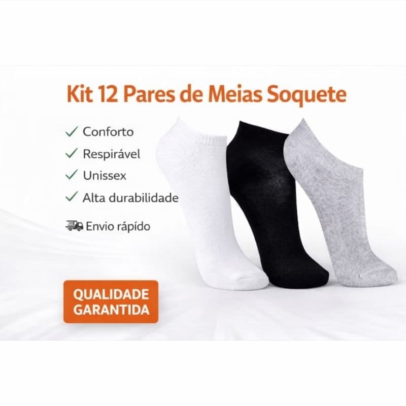 Kit com 2 3 6 e 12 Pares de Meias Soquete Cano Curto Masculina Feminina Unissex 36 ao 42