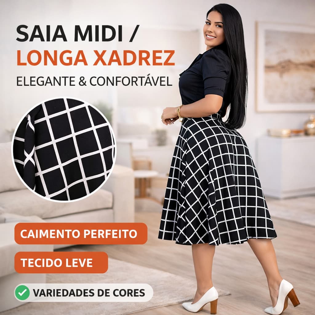 Saia Godê Midi Xadrez Rodada Retrô Vintage Moda Feminina Elegante Cintura Alta