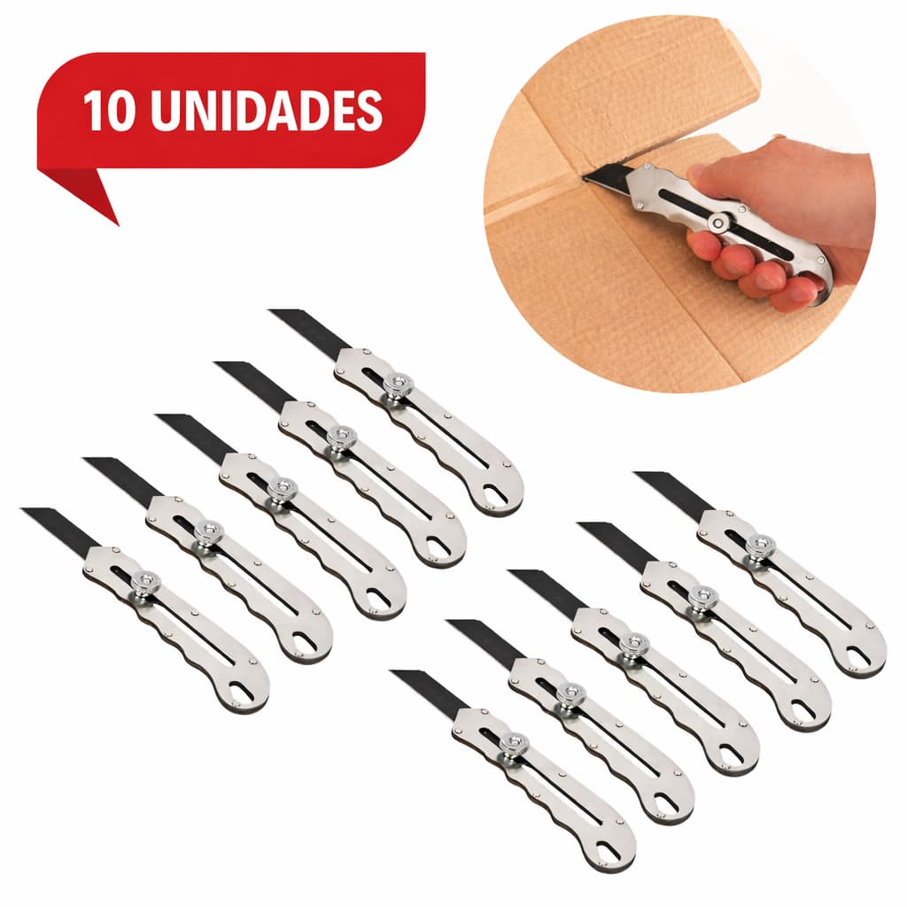 Kit 10 Estiletes Profissionais Metal Retrátil com Trava Segurança Lâmina Afiada Corte Preciso Multiuso