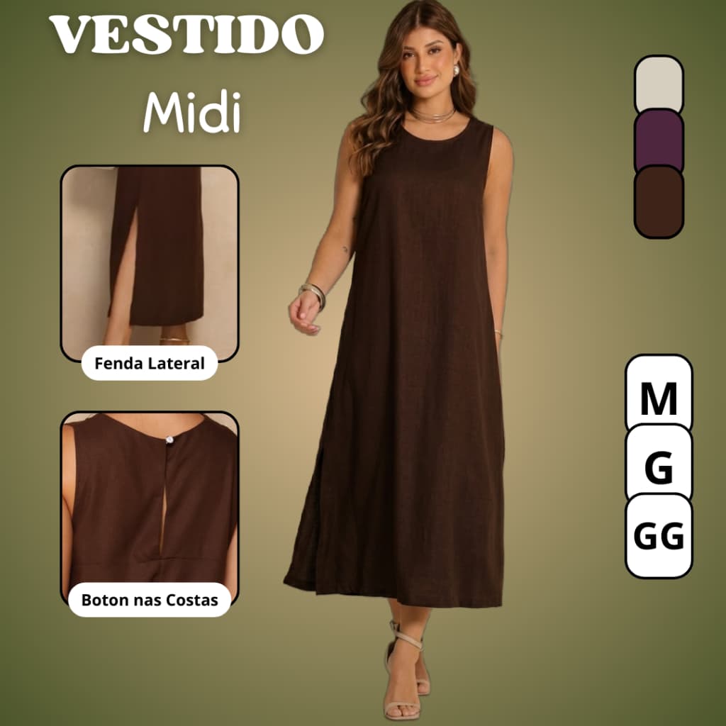 Vestido Midi Femenino Elegante Casual Linho com Viscose Leve e Confortavel