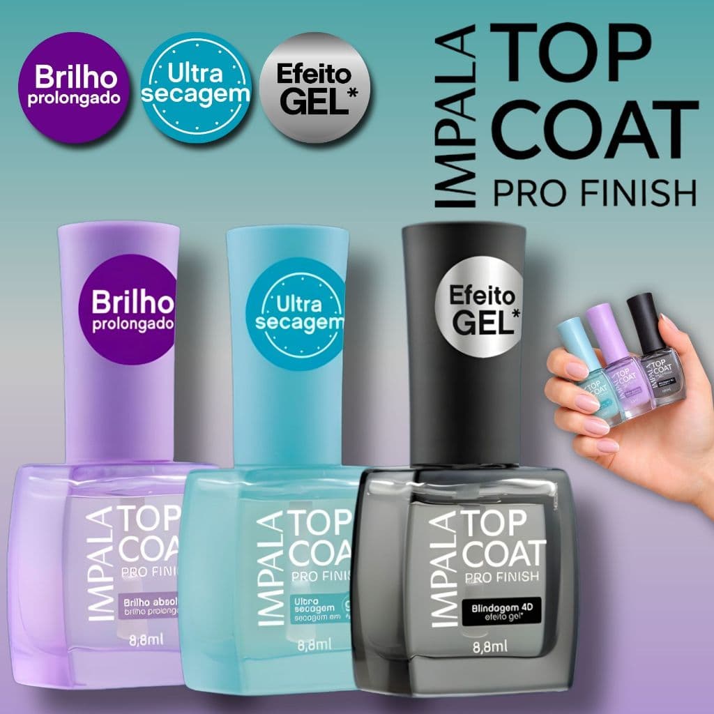 Kit Top Coat Impala Pro Finish Brilho Prolongado Ultra Secagem 90s Efeito Gel Blindagem 4D Lançamento Esmalte Atacado