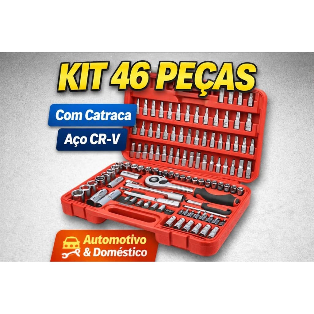 Kit Ferramentas 46 Peças Catraca Soquetes CR-V Com Maleta Profissional Automotivo Mecânica