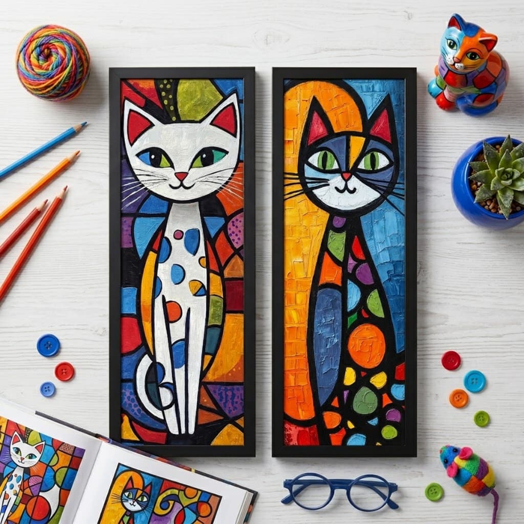 Kit 2 quadros 18x45 cm, gatos, pop art, pintura, com vidro, quadro quarto, sala, moldura e vidro