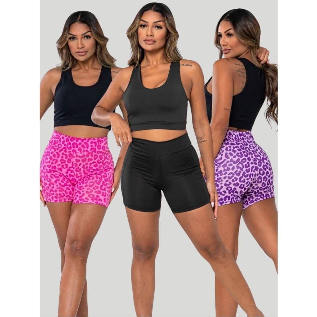 Kit 3 Shorts Virginia Feminino Cintura Alta com Bolso Moda Fitness Academia Confortável