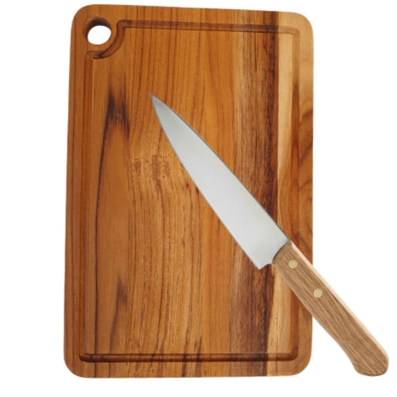 kit tábua de corte cozinha com faca/ tábua de carne churrasco madeira teca premium
