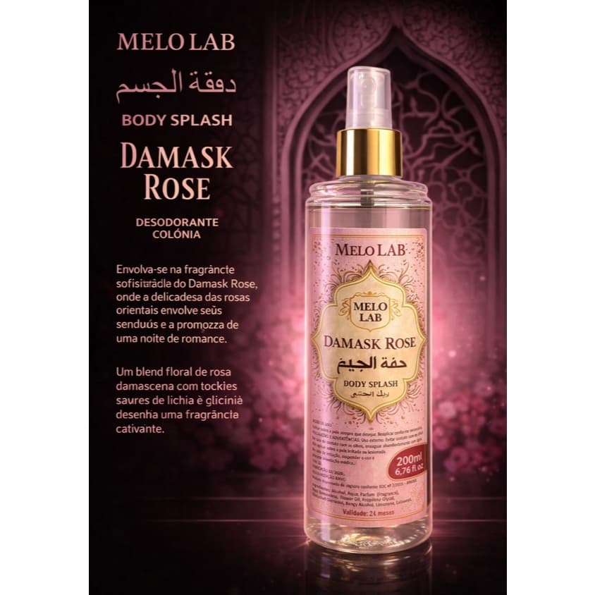 BODY SPLASH ARABE MELO LAB 200ML CADA  DAMASKE ROSE.